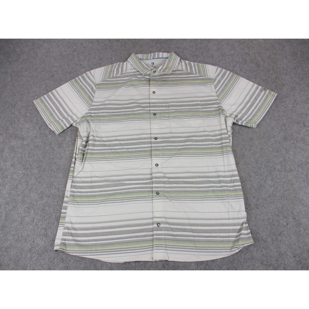 Kuhl Shirt Mens Large Gray White Intriguer Striped Short Sleeve Button Up Hiking